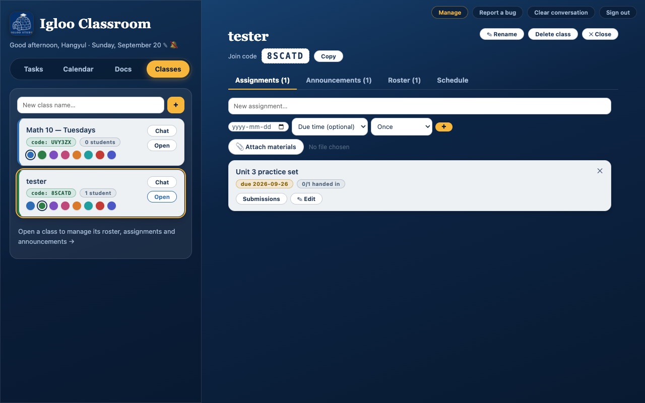 Igloo Classroom, teacher view of a class with join code, assignments, and roster