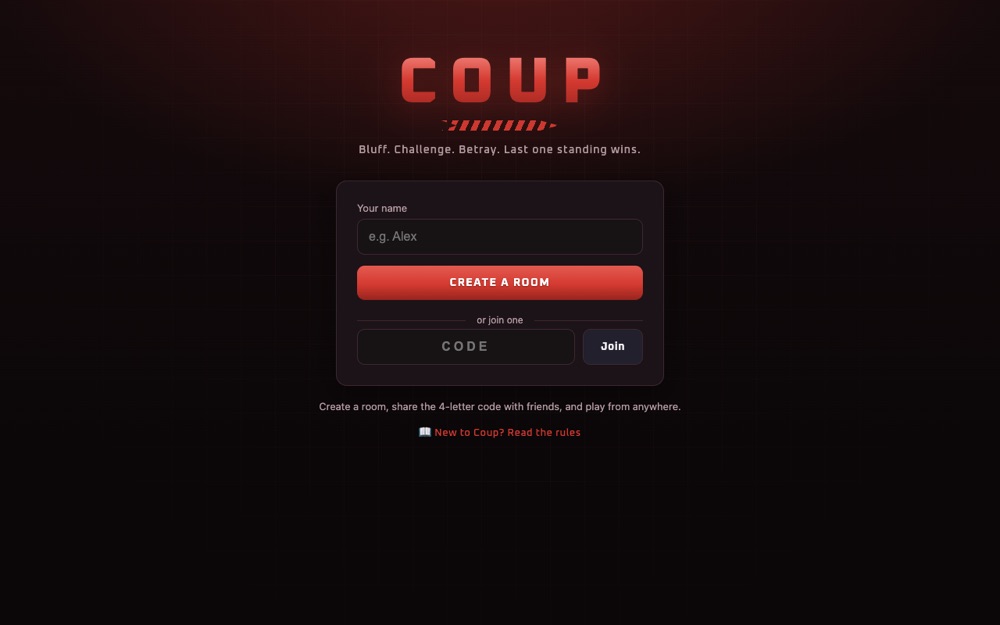Coup Online room screen