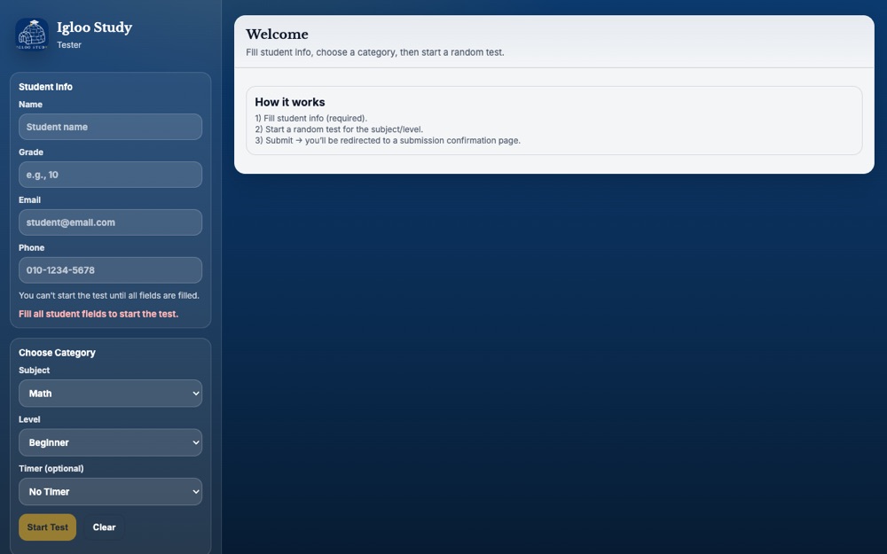 Igloo Study tester and admin dashboard